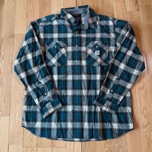 Carhartt Rugged Flex Relaxed Fit Green Plaid Pearl Snap Sleeve Button Up Mens XL